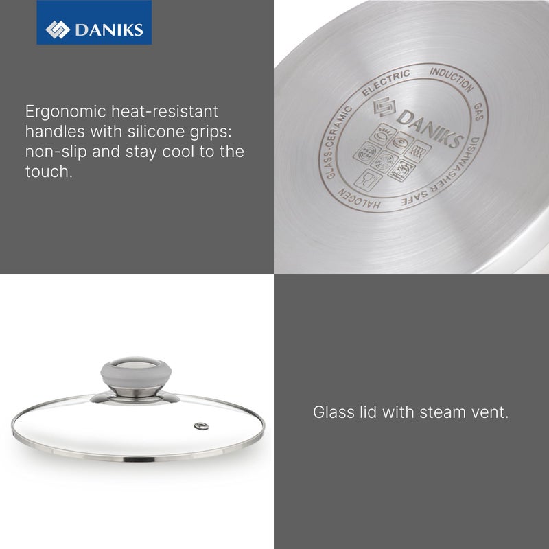 Daniks Modern 4 Quart Stainless Steel Stock Pot with Glass Lid, Tri-Ply Bottom for Even Heating, Induction Compatible, Dishwasher Safe, Heatproof Handles - Image 4